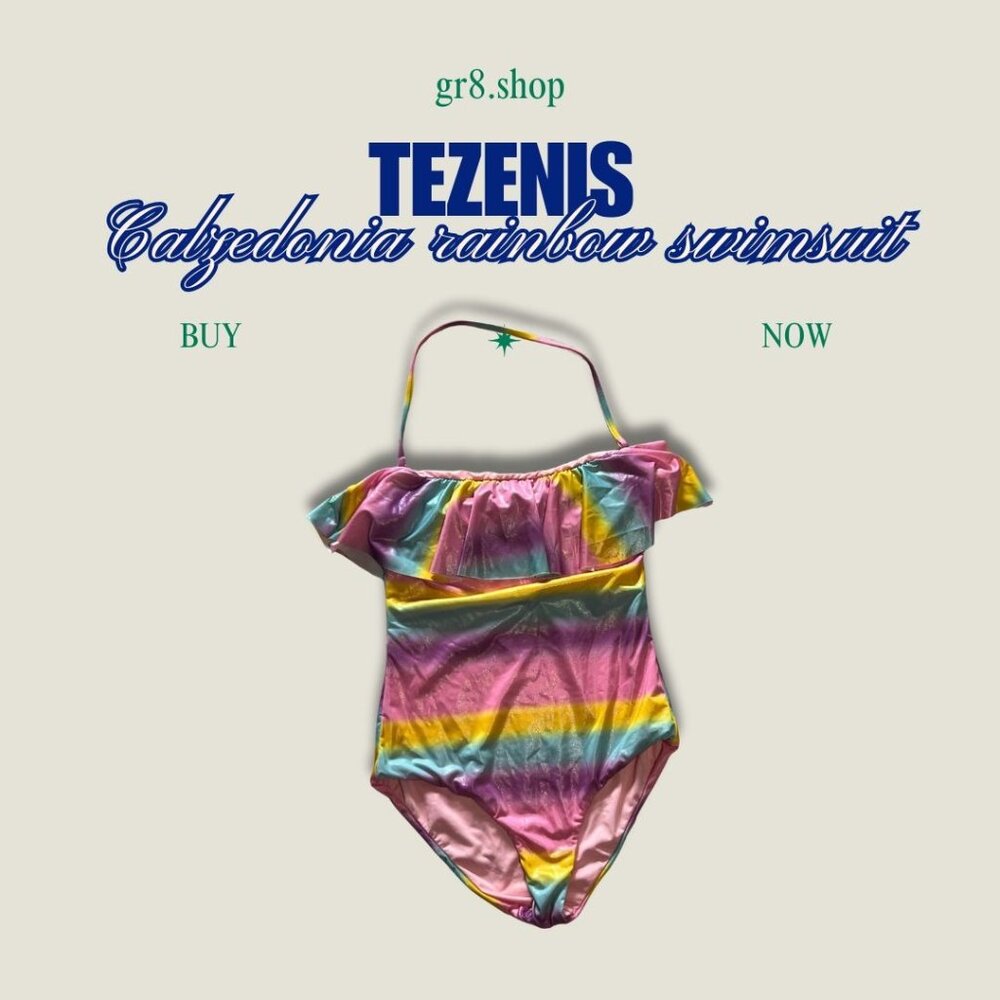 Tezenis Calzedonia Rainbow Striped One-Piece Swimsuit With Ruffle Off-Shoulder D